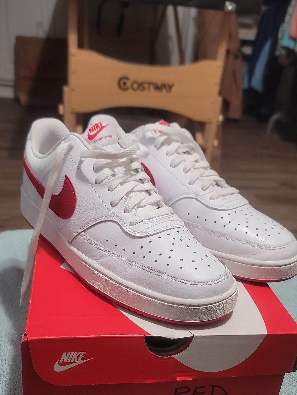 Nike White Leather Low-Top Sneakers with Red Swoosh